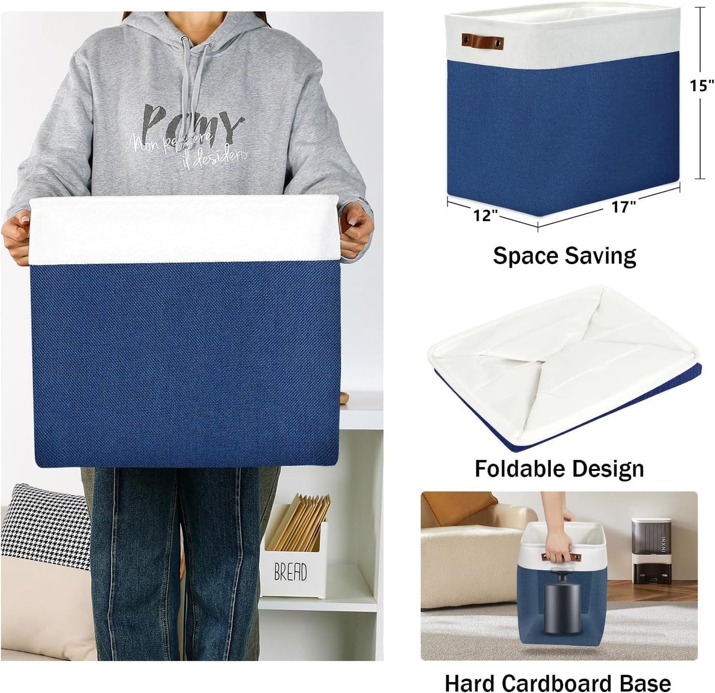 DULLEMELO Large Storage Basket 17"x12"x15",Fabric Organizer Bin for Storage Clothes, Toys, Books,Storage Bin with Handles for Bedroom, Closet, Nursery (White&Blue,1 Pack)