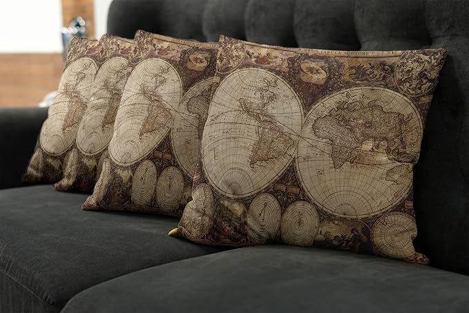 Ambesonne World Map Throw Pillow Cushion Case Pack of 4, Old World Map Drawn in - Image 7