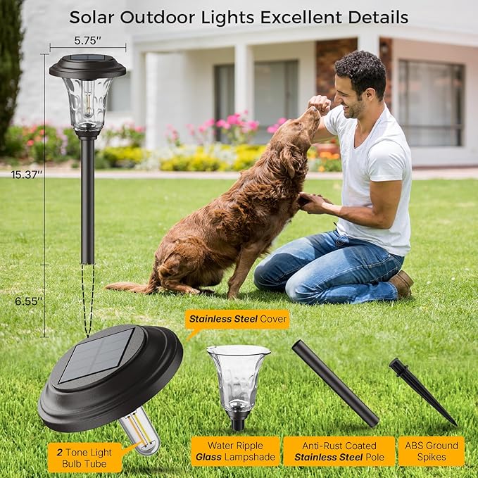 XMCOSY+ Solar Lights Outdoor Waterproof, 6 Pack Metal Glass Solar Pathway Lights - Image 5