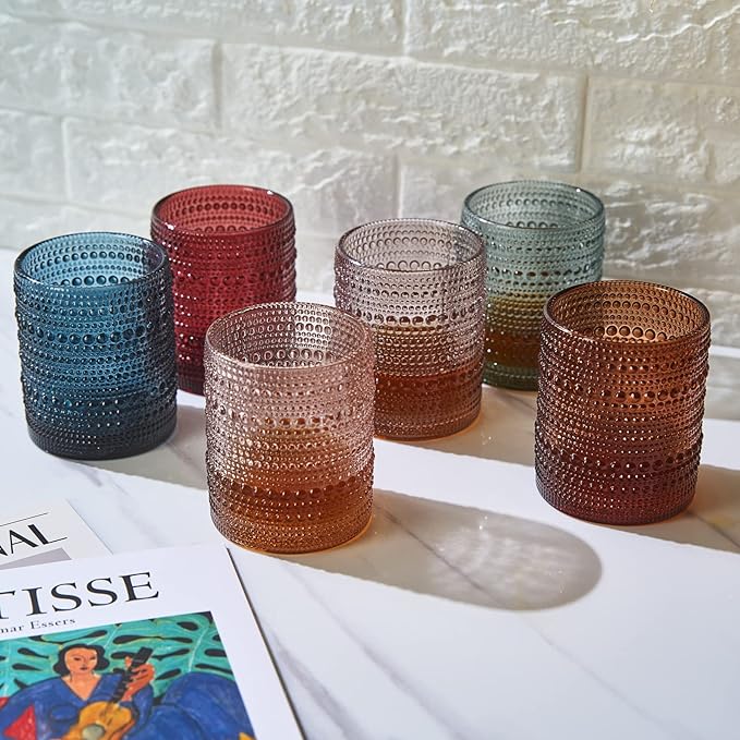 Khen Beaded Hobnail Tumbler Drinking Glasses Set | Set of 6 | Vintage Colored - Image 5