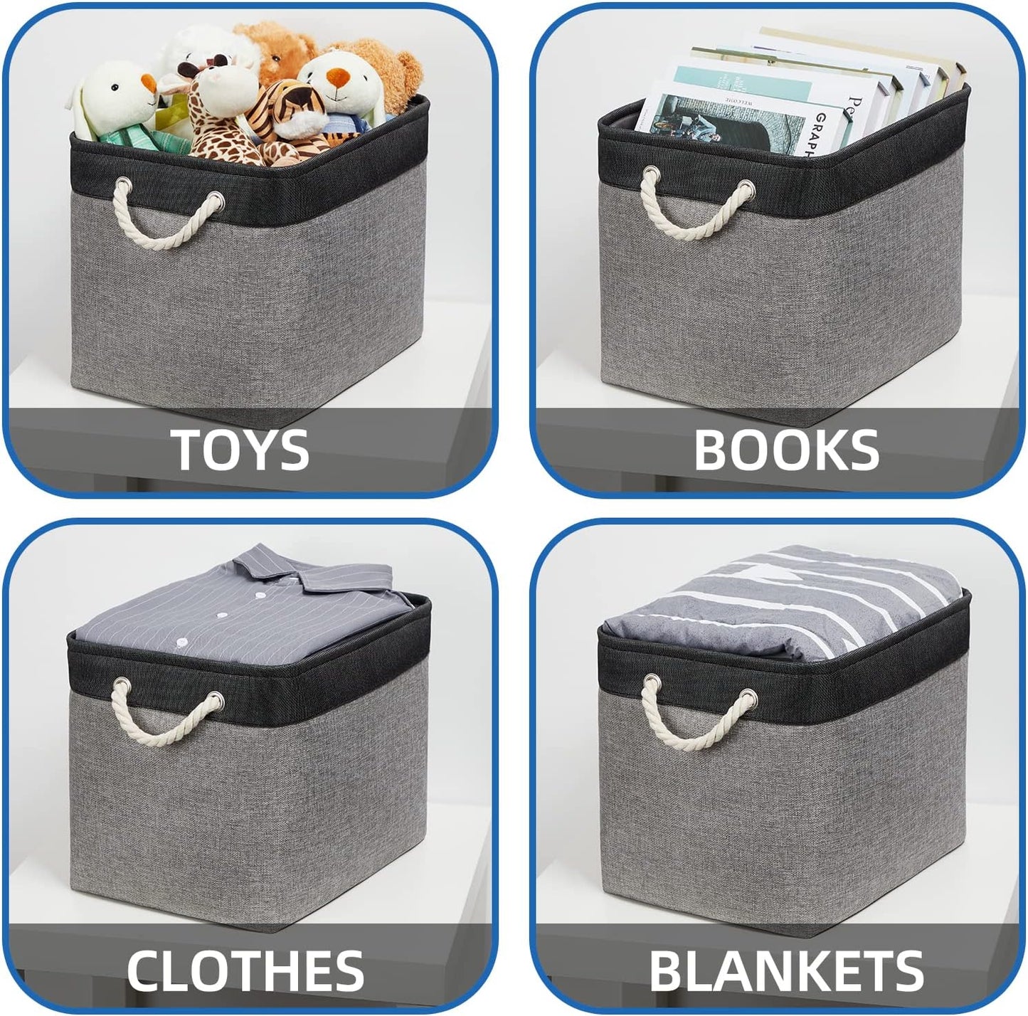 Temary Large Storage Baskets 2 Pack Cloth Basket for Shelves Collapsible Decorative Storage Organizer Baskets Canvas Storage Bins with Handles for Home(Grey&Black,16Lx12Wx12H Inches)