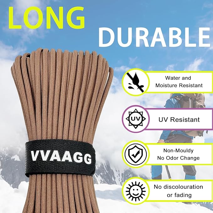 VVAAGG 1000 Tan Paracord 50FT Utility Parachute Cord 4mm Nylon String12 Strand - Image 4