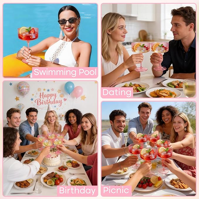 PLULON 6 Pcs Pink Champagne Martini Glasses Set 10 Oz Plastic Ribbed Coupe Cup - Image 5
