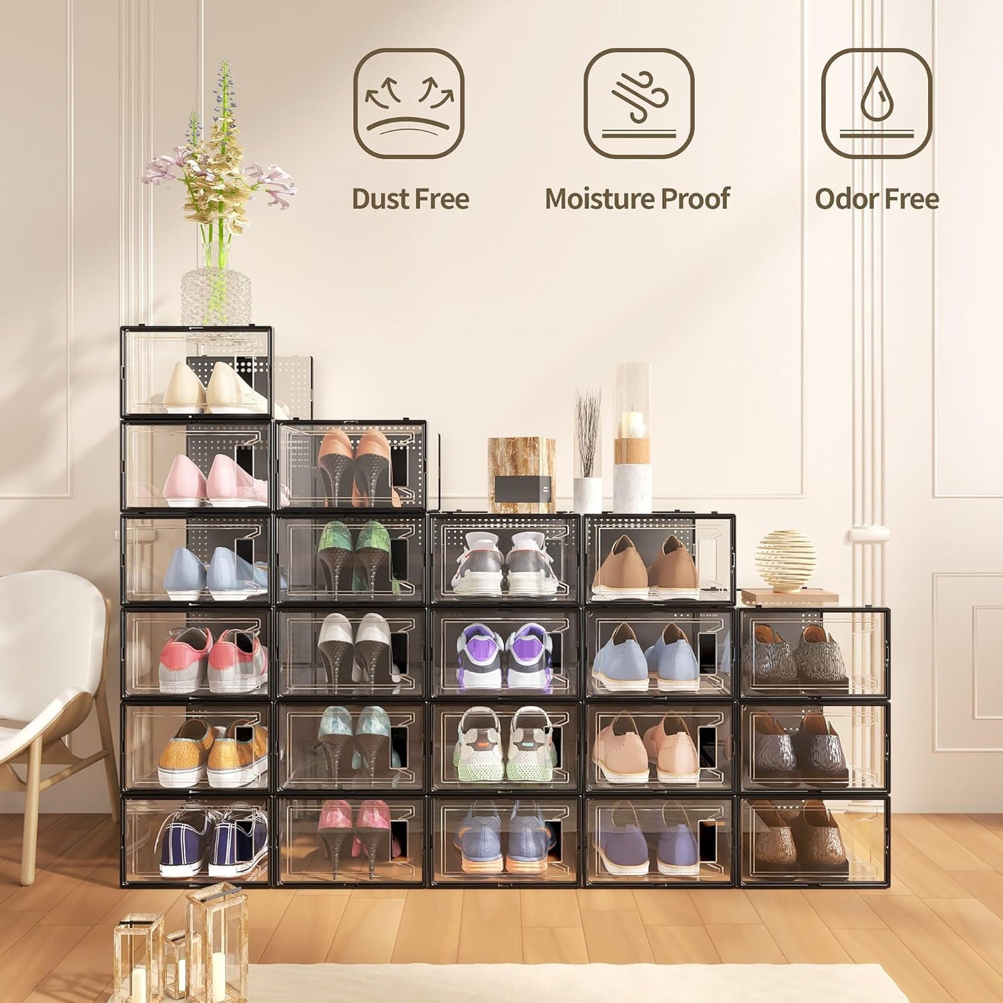 12 Pack XX Large Shoe Organizer Storage Boxes for Closet, Modular Space Saving Shoe Boxes Clear Plastic Stackable Sneaker Containers Display Case with Lids, Black
