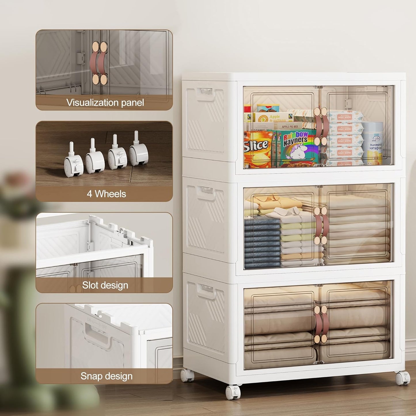 SAILUN 135QT Extra Large Collapsible Storage Bins with Wheels and Lid, Stackable Storage Bins Open Closet Organizers and Storage Storage Containers Drawers,19.7" L × 12.6" W × 34.8" H（3 Pack）