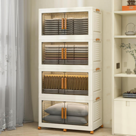 4 Tier Large Stackable Plastic Storage Bins with 1 Lid 95 QT/Tier, Collapsible Plastic Box Storage Bin with Wheels, Home Containers Boxes Closet Organizers for Living Room, Office, Dorm