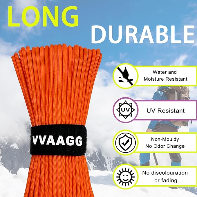 VVAAGG 1000 Orange Paracord 200FT Utility Parachute Cord 4mm Nylon String12 - Image 3