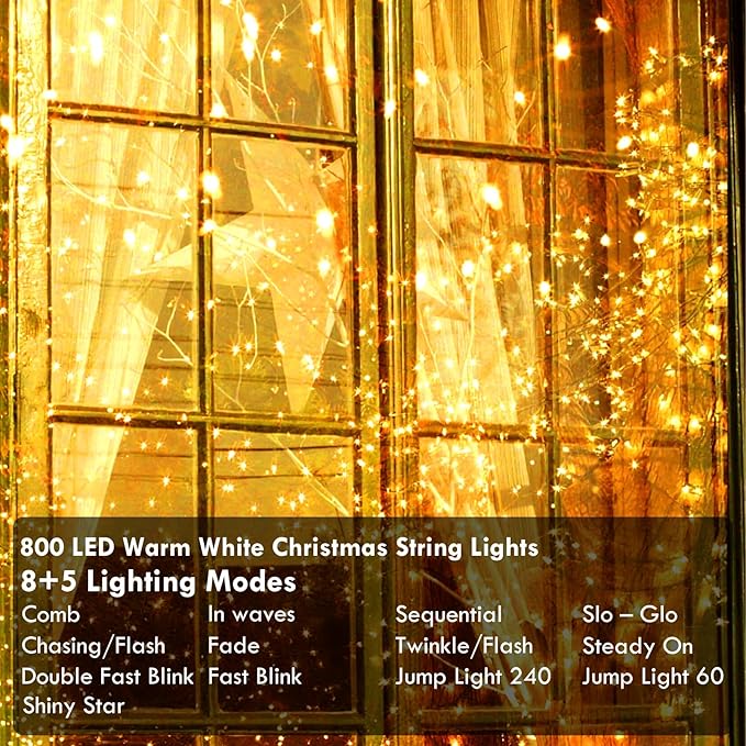 288FT 800LED Extra-Long String Lights Indoor Outdoor Clear Wire, Warm White - Image 7