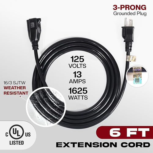 6ft Black Extension Cord, 16/3 SJTW Heavy-Duty, 3-Prong Grounded Plug, - Image 2