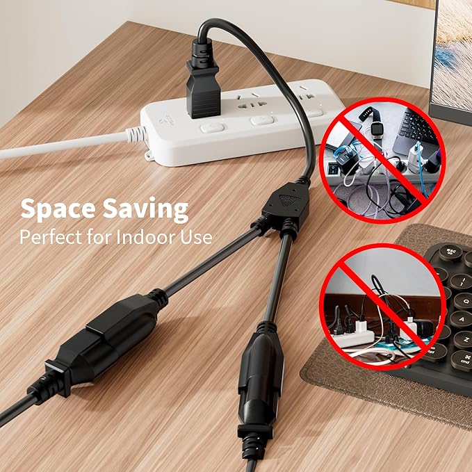 Elecan 3-Prong Y Splitter Power Extension Cord 1 FT/3 Pack, Straight Plug 1 to - Image 2
