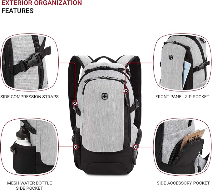 SwissGear 3598 Backpack, Narrow Daypack, Light Grey/Heather - Image 3