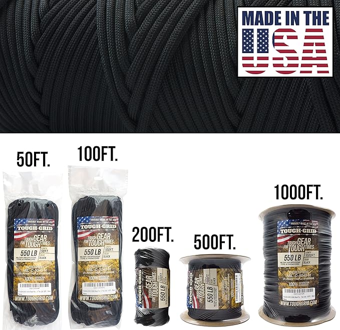 TOUGH-GRID 550 Paracord, Type III Mil-Spec Nylon Rope - 50 Ft Black Tactical - Image 2