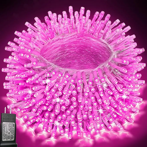 66 ft 200 LED Pink String Lights, Indoor Outdoor Connectable 8 Modes Clear Wire by Pooqla