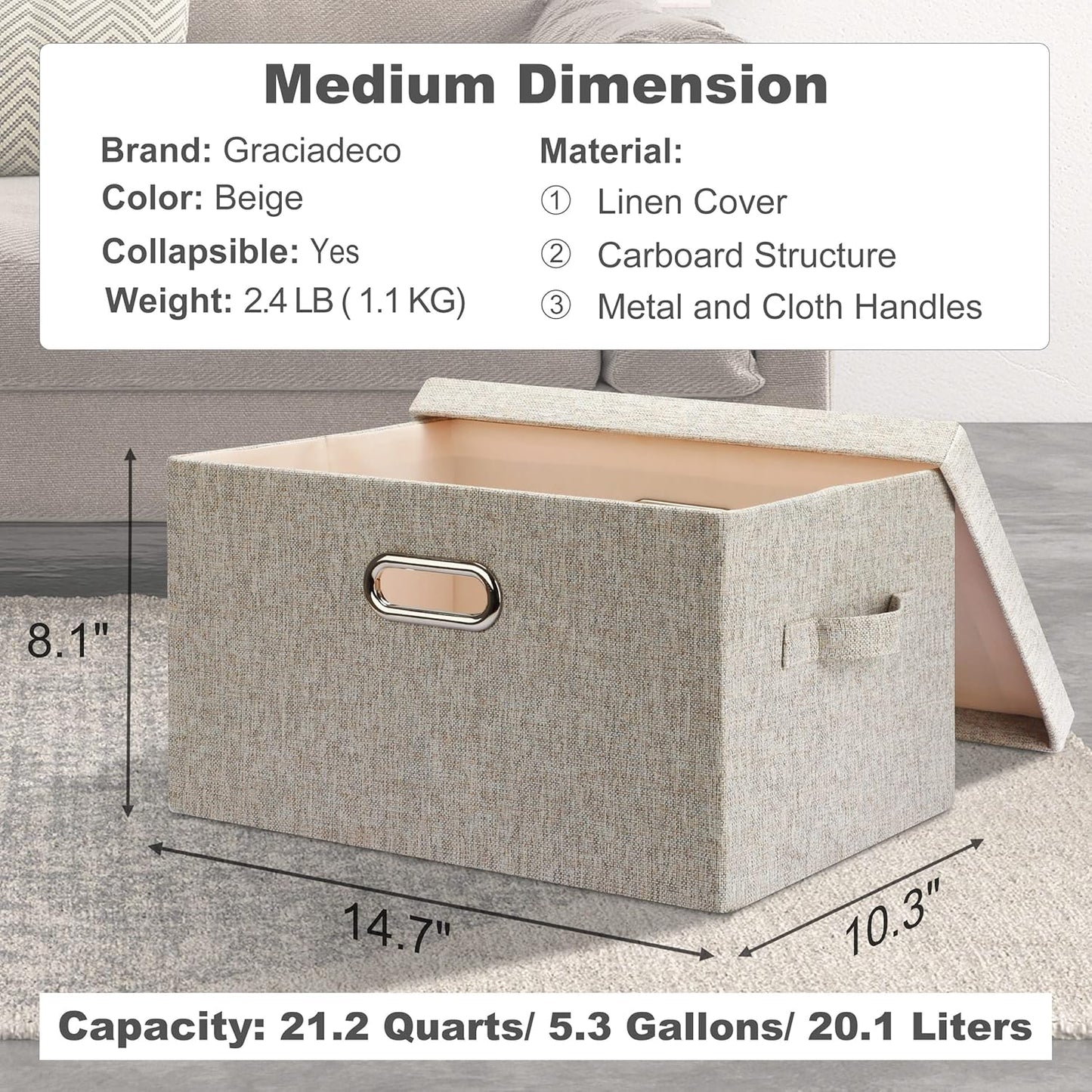 Medium 15" 21 Quart Collapsible Stackable Storage Bins with Lids, 5 Packs Beige Foldable Fabric Closet Boxes Heavy-duty Linen Cube Baskets Container for Bedroom Office (15 x 11 x 8)