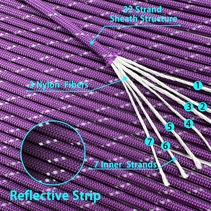 VVAAGG Reflective Paracord Rope 100FT, 7 Strand Nylon para Cord Lanyard Utility - Image 3