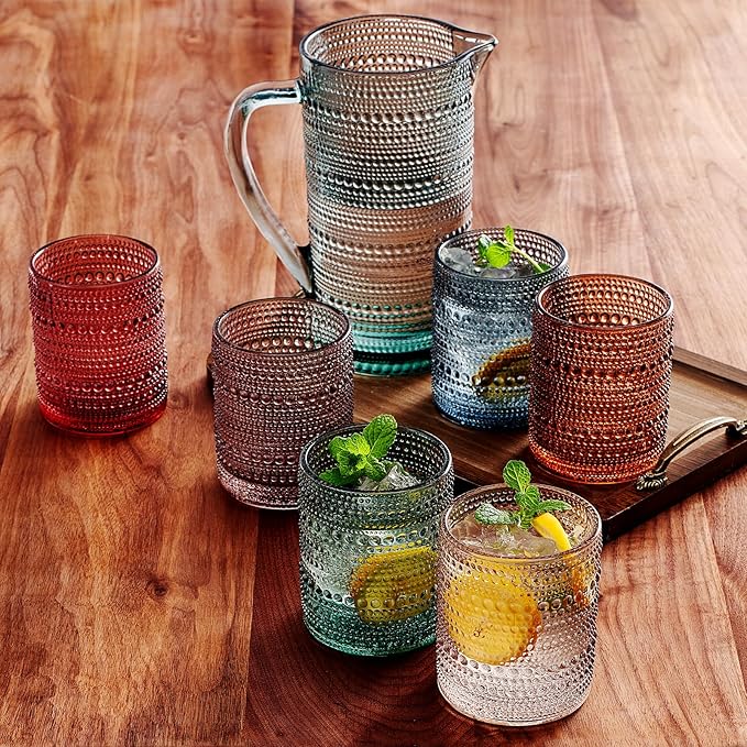 Khen Hobnail Beaded Pitcher & Tumbler Glasses Set | Set of 6 Glasses & Carafe| - Image 2