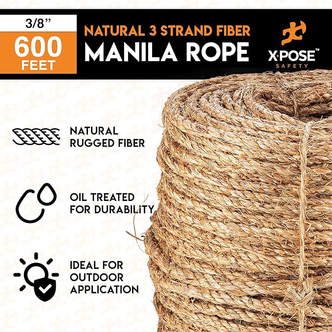 Manila Rope - 3/8 Inch 600' - 3 Strand Cordage Twisted Braided Rope - Thick - Image 3