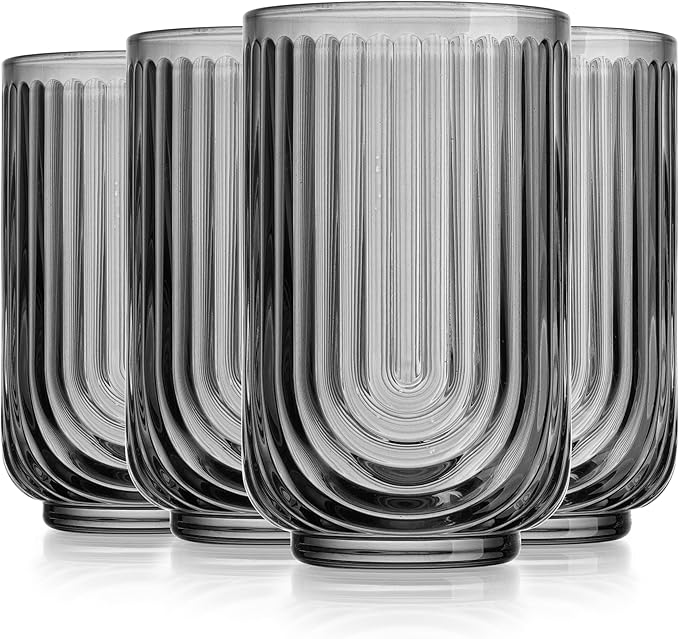 Glaver's Vintage Glassware Art Deco Glasse Ribbed Drinking Glasses U-Shape Arch - Image 9