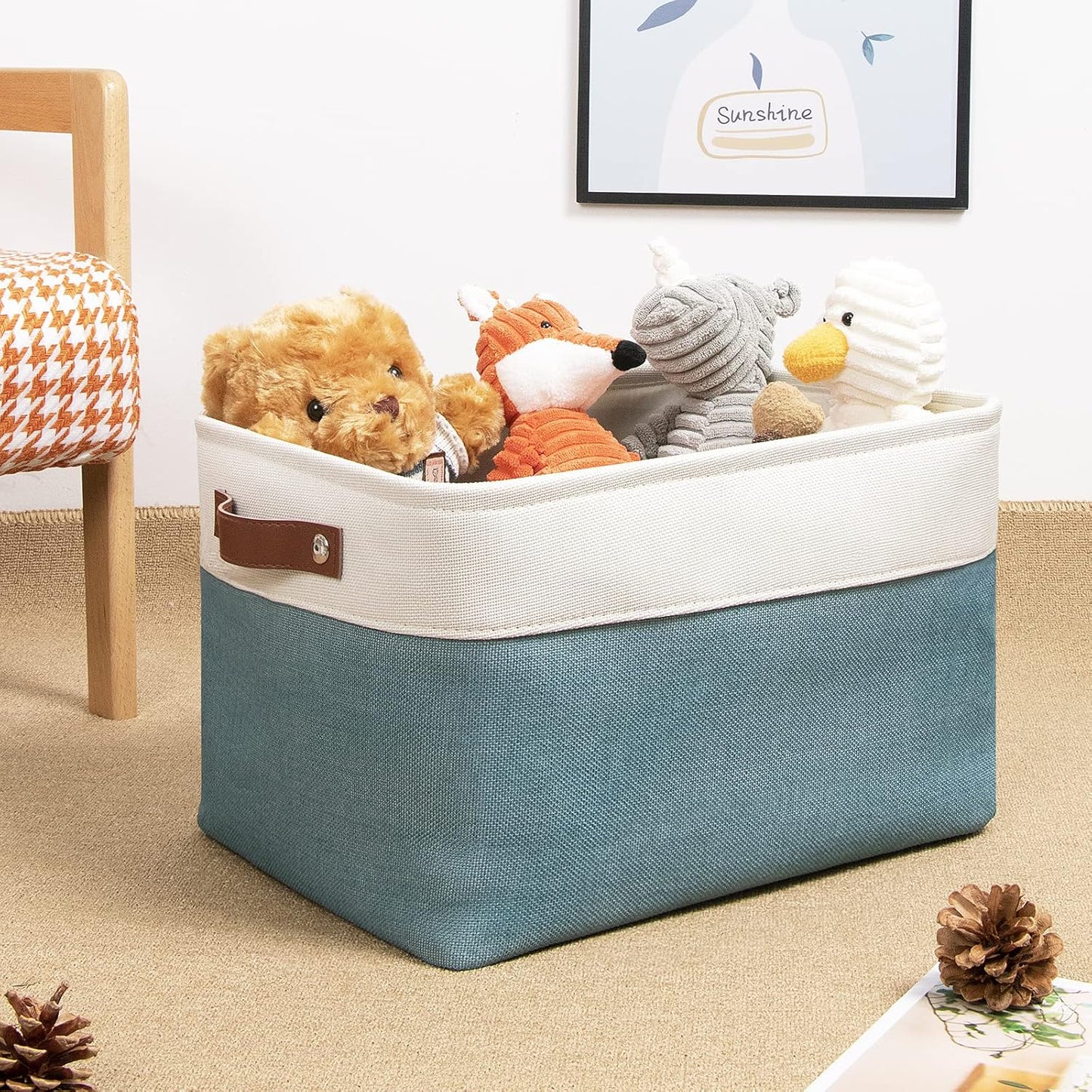 DULLEMELO Fabric Storage Basket for Shelves/Closets, Collapsible Rectangle Basket for Organizing Clothes, Toys, Towels, Books, Laundry, Nursery, Dog Toy Basket Empty (White&Teal)