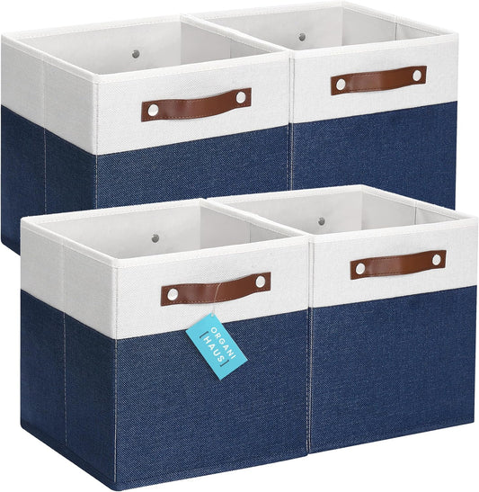 OrganiHaus 11x11 Fabric Cubes Storage Bins Set of 4, Foldable Collapsible Fabric Storage Bins for Organizer, Cubbies Organizer for Kallax, Linen Cube Shelf Baskets, Toy Organizing boxes - Navy Blue