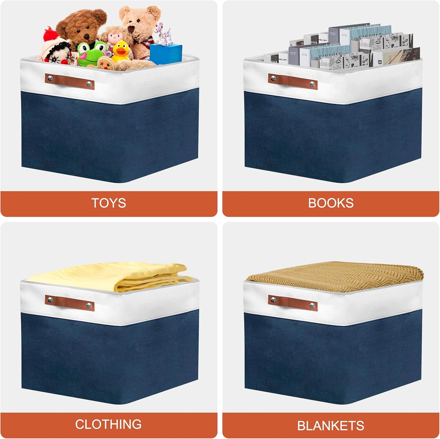 13in Open Fabric Storage Basket with Leather Handles for Organizing, Collapsible Linen Closet Bins for Shelves, Closets, Laundry, Decorative Basket for Gifts. (White＆Blue, 3PCS/13x13in)