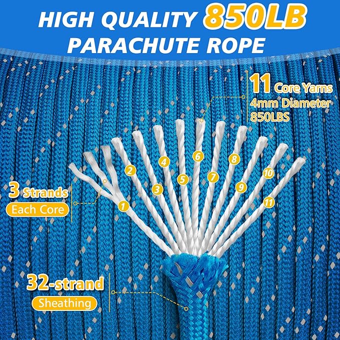 Reflective Paracord Rope 850Ib, 50/100/200/500/1000ft 4MM 11 Strand Strong - Image 2