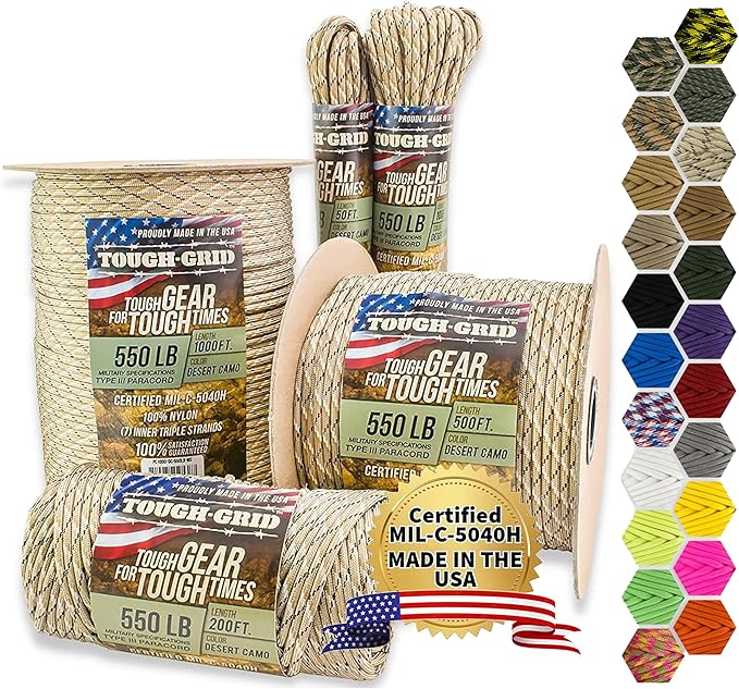 TOUGH-GRID 550 Paracord, Type III Mil-Spec Nylon Rope - 200 Ft Desert Camo by TOUGH-GRID