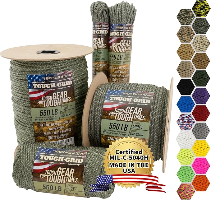 TOUGH-GRID 550 Paracord, Type III Mil-Spec Nylon Rope - 200 Ft Digi-Camo by TOUGH-GRID