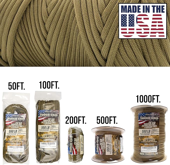 TOUGH-GRID 550 Paracord, Type III Mil-Spec Nylon Rope - 200 Ft Grizzly Brown - Image 2