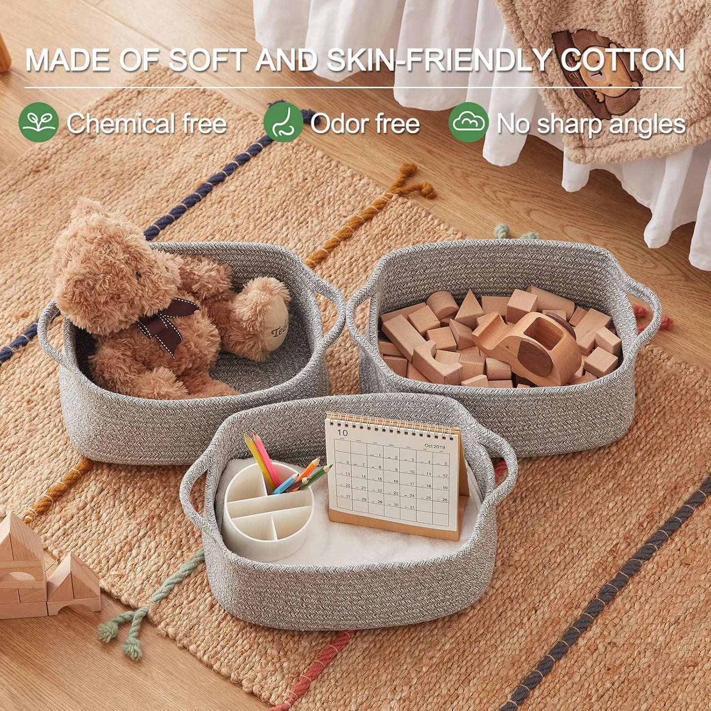 OIAHOMY Cotton Rope Baskets, Woven Baskets for Storage, Nursery Storage Baskets, Rectangle Storage Basket with Handles, Storage Baskets for Shelves, Pack of 3, Gray Variegated