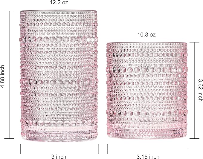 Khen Hobnail Beaded Highball Drinking Tumbler Glasses | Set of 12 | Pink Blush - Image 5