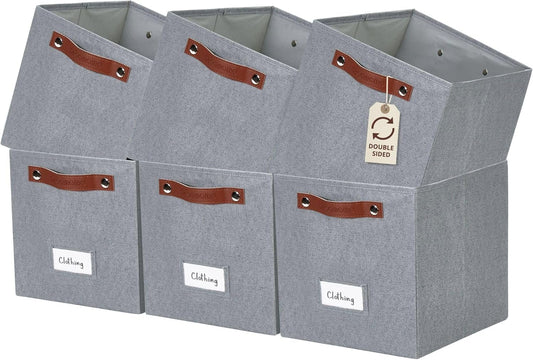 DECOMOMO Storage Bins, Cube Storage Bin with Labels, Fabric Storage Cubes for Shelves (11" / 6pcs, Texture Grey)