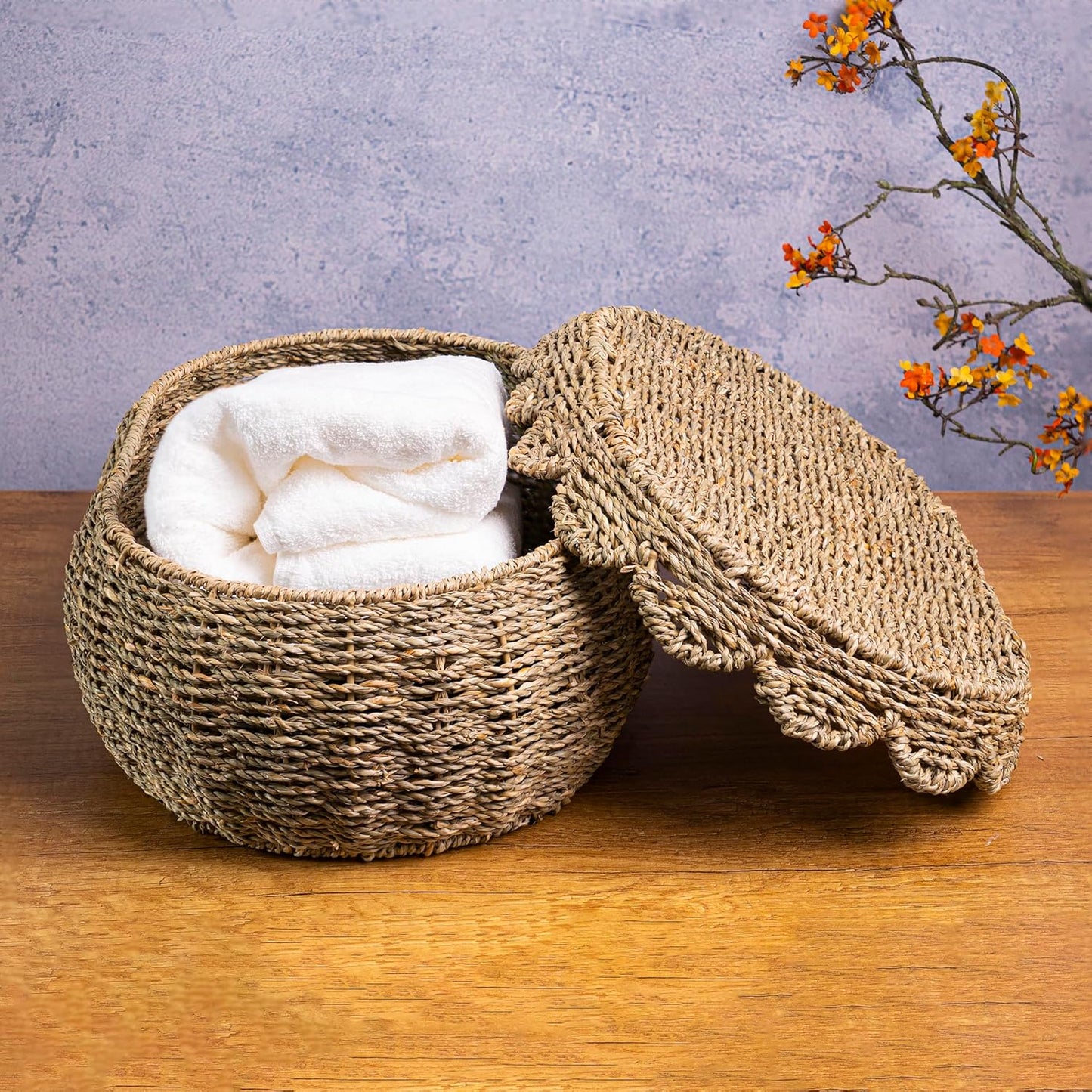 KOLWOVEN Set of 3 Wicker Storage Baskets with Lid - Decorative Handwoven Rattan Baskets for Organizing, Small Hyacinth Storage Boxes with Scalloped Edges, Natural Woven Storage Bins with Lids
