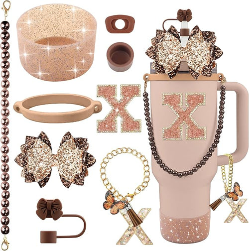 9PCS Brown for Stanley Cup Accessories Set Bling Initials Bow Charms for by Unknown