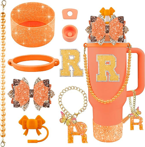 9PCS Orange for Stanley Cup Accessories Set Bling Initials Bow Charms for by Unknown