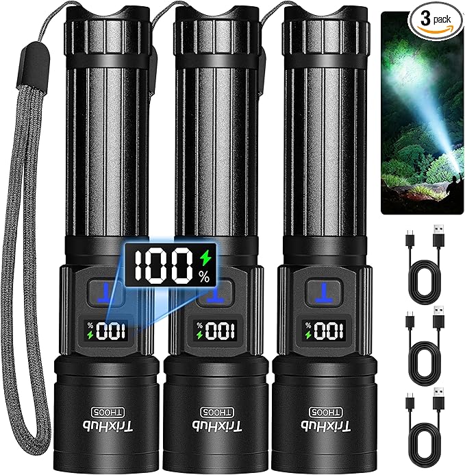 TrixHub Rechargeable Flashlights 3 Pack, Super Bright High Lumens Flash Light by TrixHub