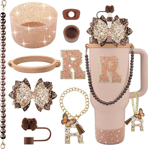 9PCS Brown for Stanley Cup Accessories Set Bling Initials Bow Charms for by Unknown