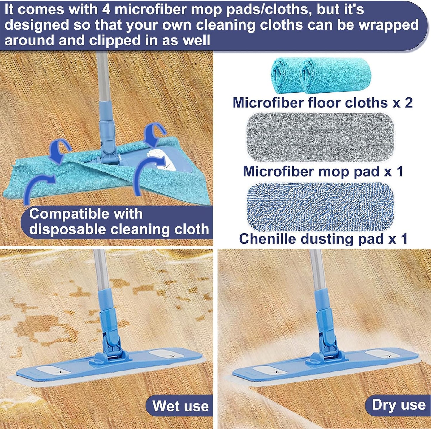 Microfiber Mops for Floor Cleaning, Multi Surface Floor Cleaner with 2 Microfiber Dry Wet Mop Pads + 2 Dusting Clothes for Sweeping and Mopping