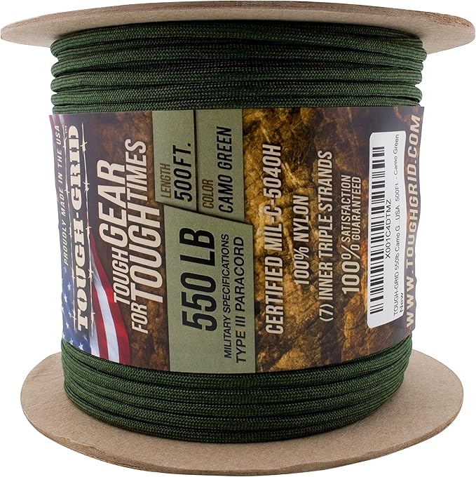 TOUGH-GRID 550 Paracord, Type III Mil-Spec Nylon Rope - 500 Ft Camo Green - Image 3