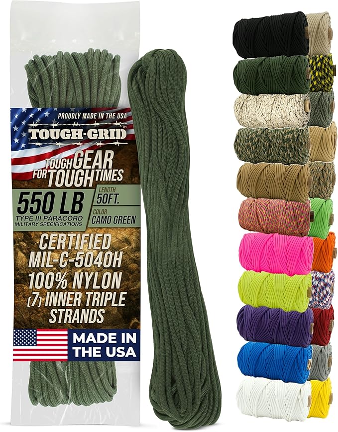 TOUGH-GRID 550 Paracord, Type III Mil-Spec Nylon Rope - 50 Ft Camo Green by TOUGH-GRID