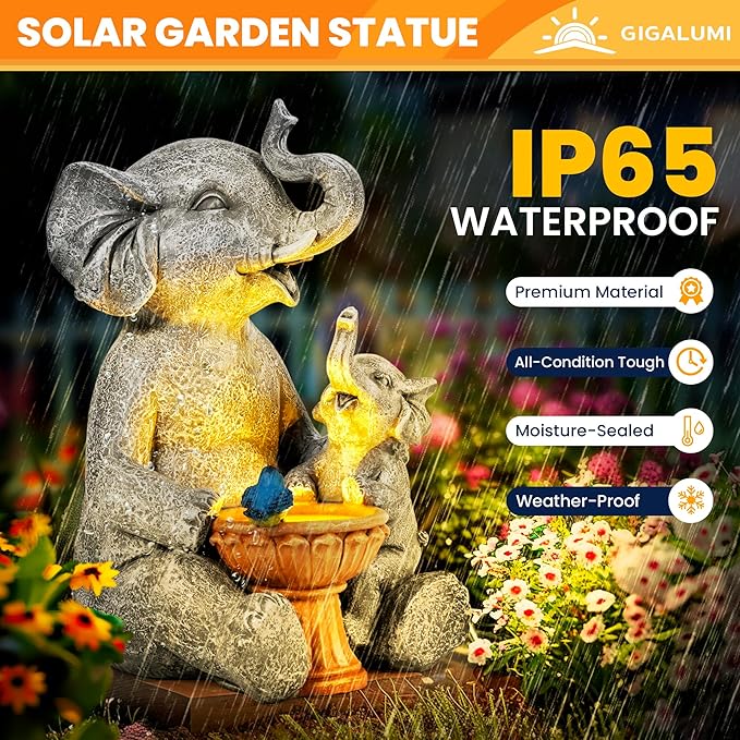 GIGALUMI Solar Garden Statues Bird Bath Elephant 9", Loving Elephant Decor - Image 3