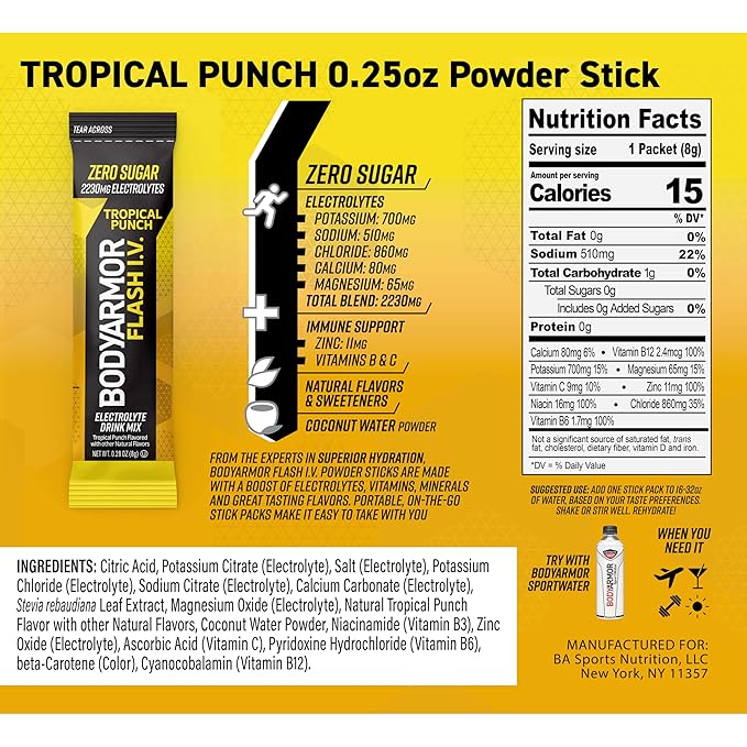 BODYARMOR Flash I.V. Electrolyte Packets, Tropical Punch, Zero Sugar Drink Mix - Image 2