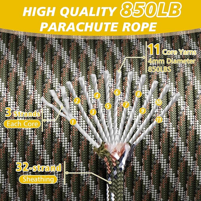 850Ib Reflective ParachuteRope, 50/100/200/500/1000ft 4MM 11 Strand Cords - Image 2