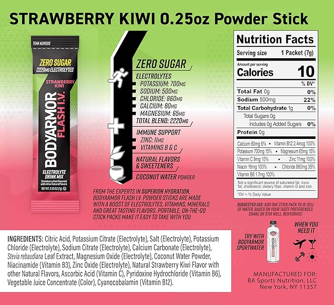 BODYARMOR Flash IV Electrolyte Packets, Strawberry Kiwi, Lemon Lime, & Tropical - Image 2