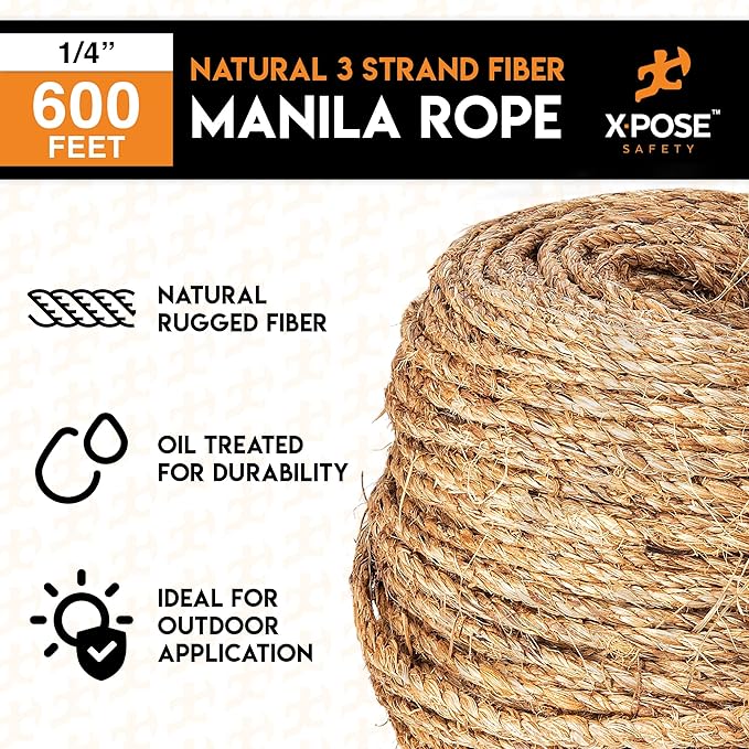 Manila Rope - 1/4 Inch 600' - 3 Strand Cordage Twisted Braided Rope - Thick - Image 3