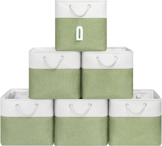 13x13 Inch Cube Storage Bins with Reinforced Bottom Cardboard, 6 Pack Large Collapsible Fabric Storage Cubes with Handles for Shelf, Closet, Toy, Laundry Organization (White&Green)