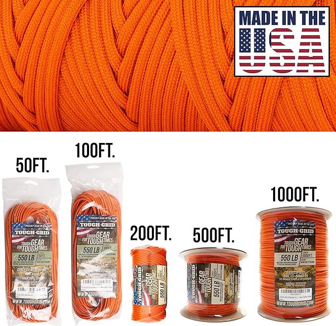 TOUGH-GRID 550 Paracord, Type III Mil-Spec Nylon Rope - 50 Ft Neon Orange - Image 2
