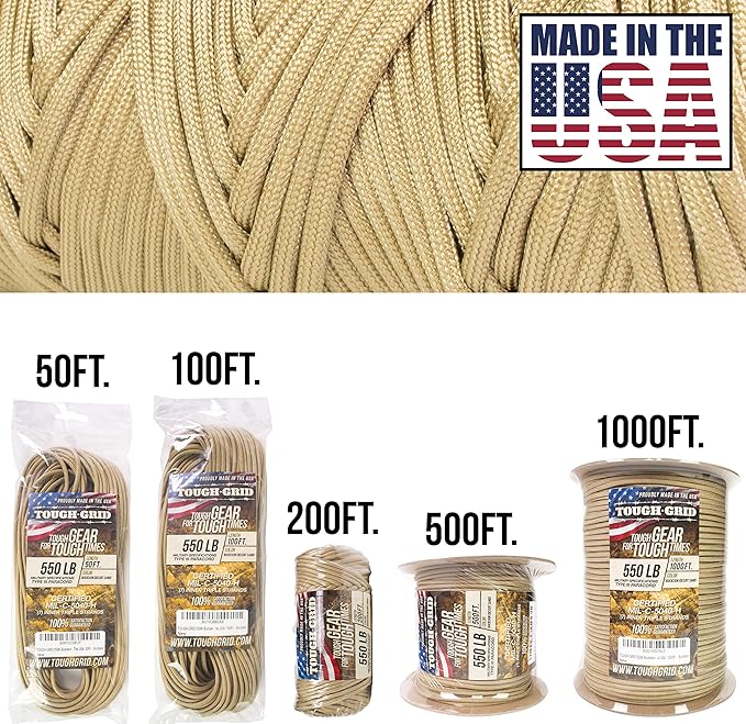 TOUGH-GRID 550 Paracord, Type III Mil-Spec Nylon Rope - 200 Ft Buckskin - Image 2