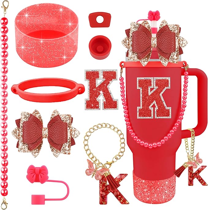 9PCS Red for Stanley Cup Accessories Set Bling Initials Bow Charms for Stanley by Unknown