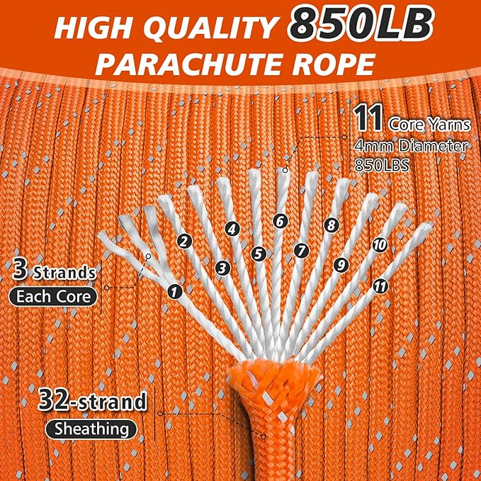 Reflective Parachute Rope 850Ib, 50/100/200/500/1000ft 4MM 11 Strand Strong - Image 2